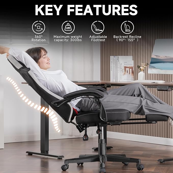 GTPLAYER Gaming Chair, Fabric Computer Office Chair with Pocket Spring Cushion, Ergonomic Office and Gaming, Video Gaming Chair with Linkage Armrests, High Back Desk Chair with Adjustable Recliner