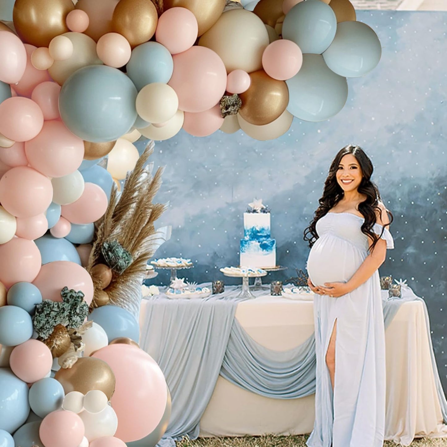 Gender Reveal Balloon Arch Kit, 144PCS Dusty Pink and Blue Balloons Chrome Gold Sand White Balloons for Boy or Girl Gender Reveal Boho Bachelorette Birthday Wedding Bridal Bear Theme Decorations