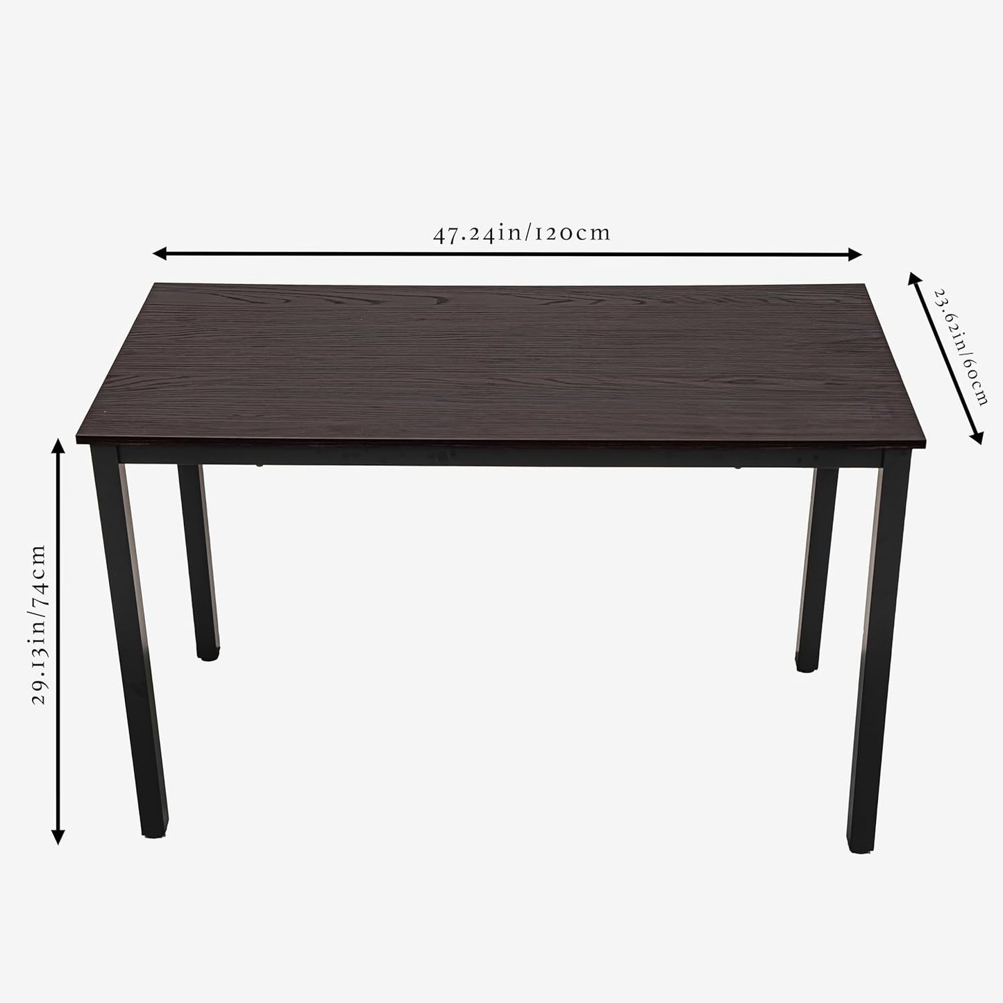 47 inch Large Computer Desk Wood, Modern Simple Style Desk for Home Office, Bedroom, Study Student Writing Desk, Small Spaces, Black Metal Frame, Dark Walnut Top
