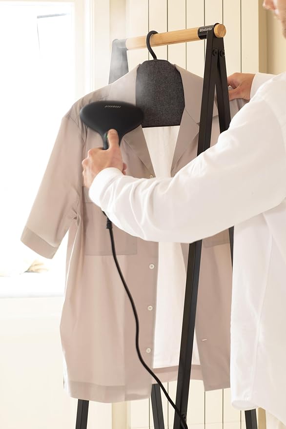 Brabantia - Steam Clothes Hanger - Solid Surface for High-Pressure Steaming on Collars and Shoulders - Quick & Easy Results - Double-Sided Use - Versatile 360° Rotating Hook - Pepper Black