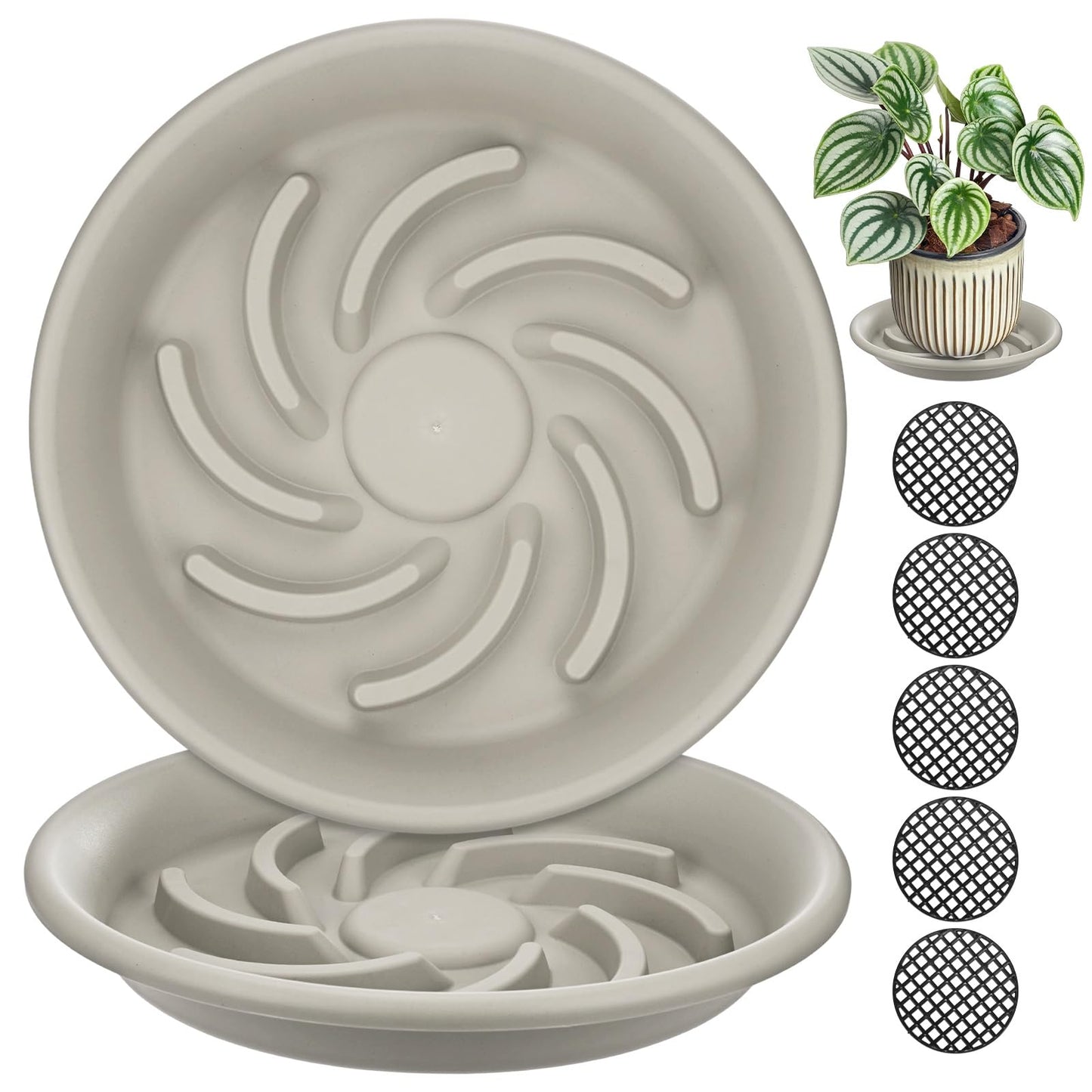 M METERXITY 2-Pack Plant Saucer, 10.4 Inch/ 26.5cm Plastic Plant Trays Thicker for Pots/Indoor/Outdoor/Water Drainage and Protection, Flowerpot Drip Tray [Grayish White]