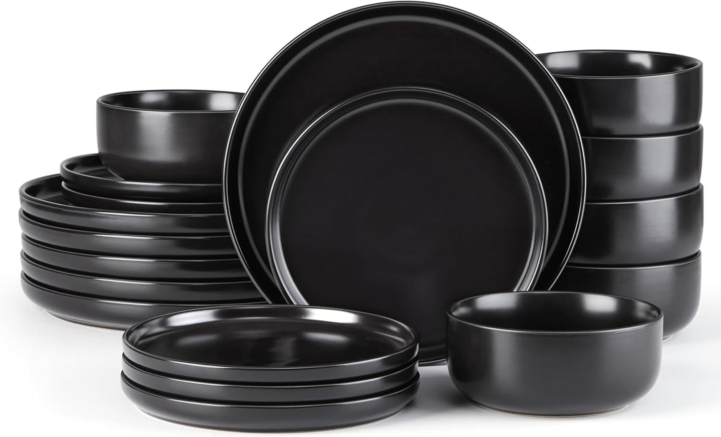 E-far Stoneware Dinnerware Sets for 6, 18-Piece Plates and Bowls Set, Modern Ceramic Dishes Dinning Ware, Microwave & Dishwasher Safe - Matte Black