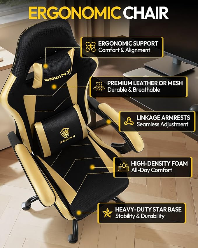 Gaming Chair with Footrest, Ergonomic 330lbs Leather Mesh Chair, Massage Lumbar Support,Adjustable Height & Headrest,Breathable Seat for Office, Home, Streaming, Long Gaming Sessions, Black and Golden