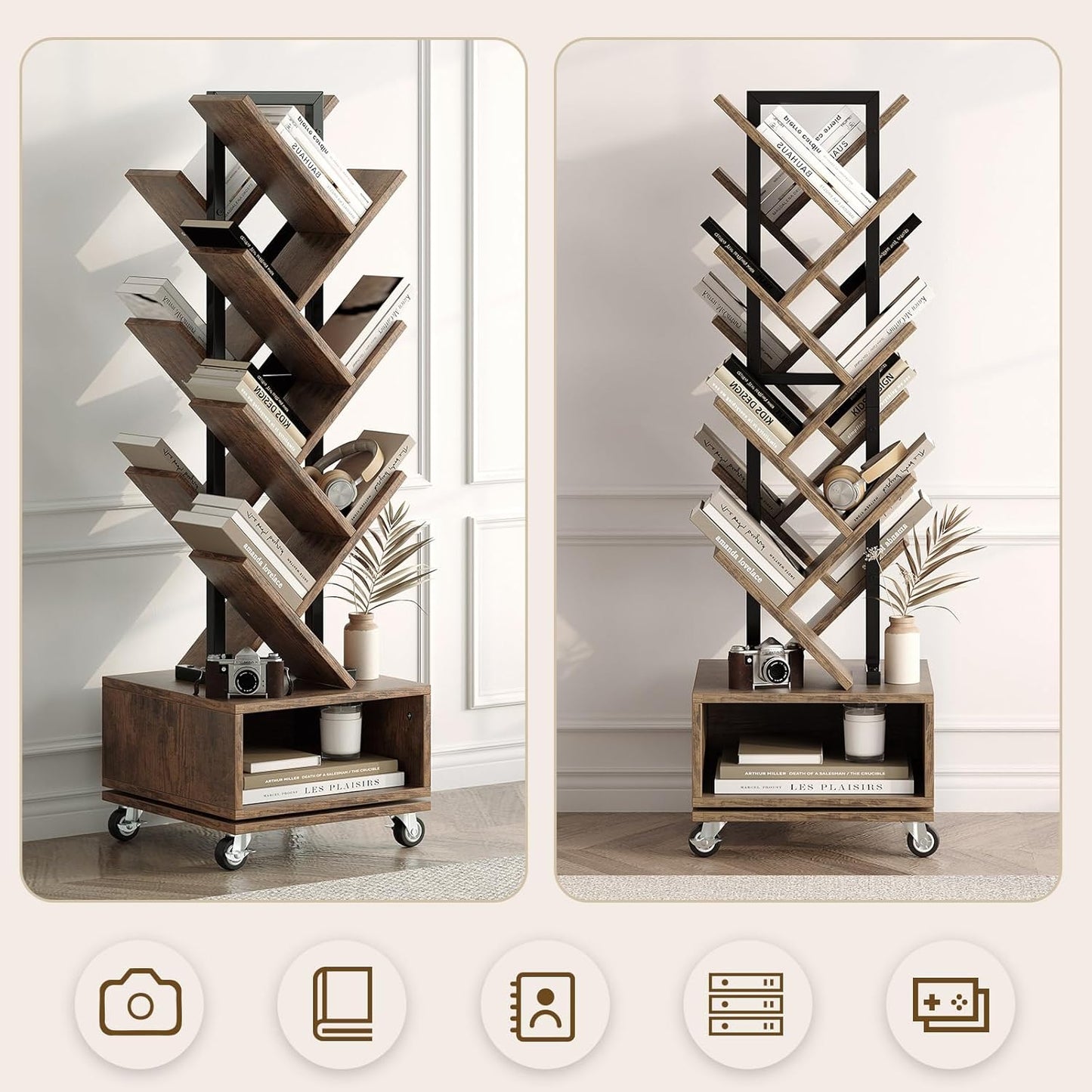 49" Rotating Tree Bookshelf, 7 Tier Double Sided Shelf, Wood Corner Bookshelf with Wheels, 360 Display Spinning Bookcase Storage Rack, Ideal for Small Rooms, Easy Assembly, Rustic Brown