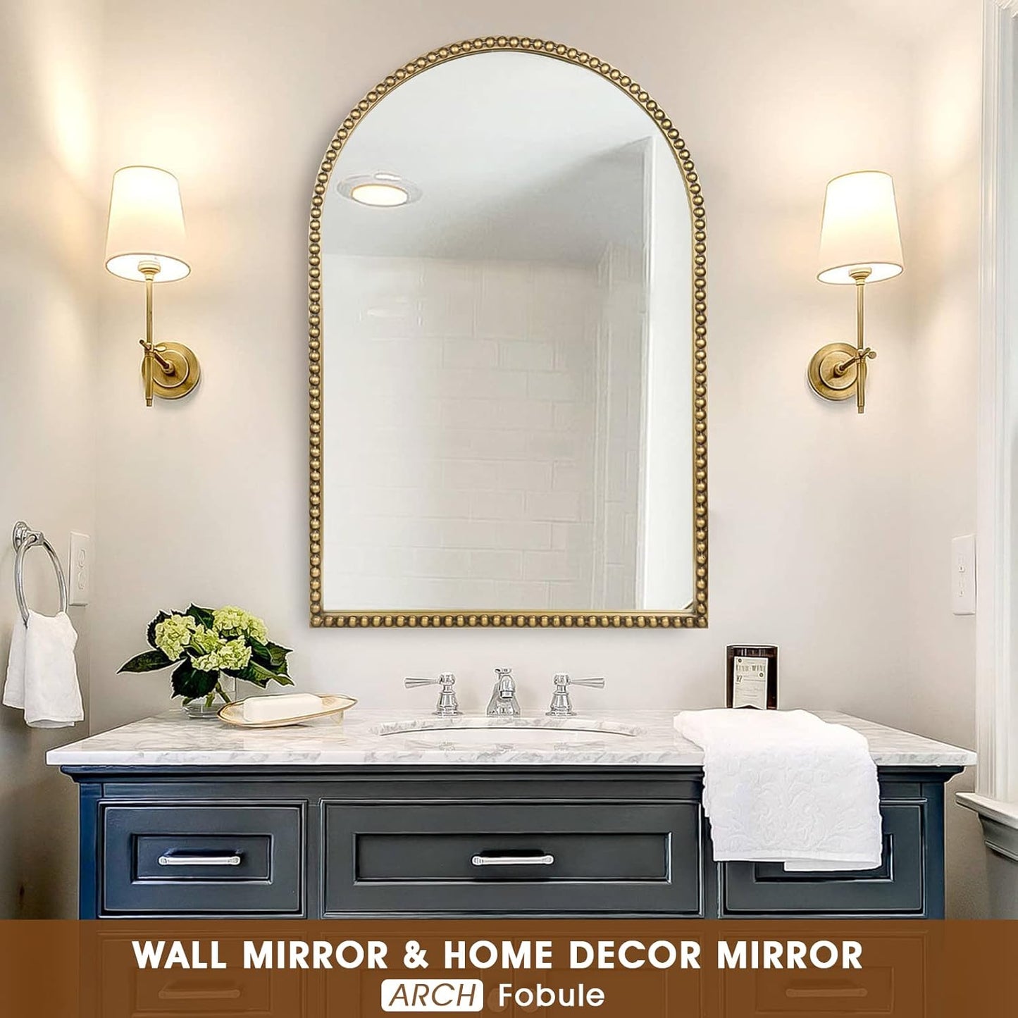 Arched Wall Mirror for Bathroom, 20"x30" Metal Beaded Frame Decorative Accent Mirror, Large Modern Distressed Hanging Wall Decor for Washroom, Bedroom, Living Room, Entryway, Antique Gold