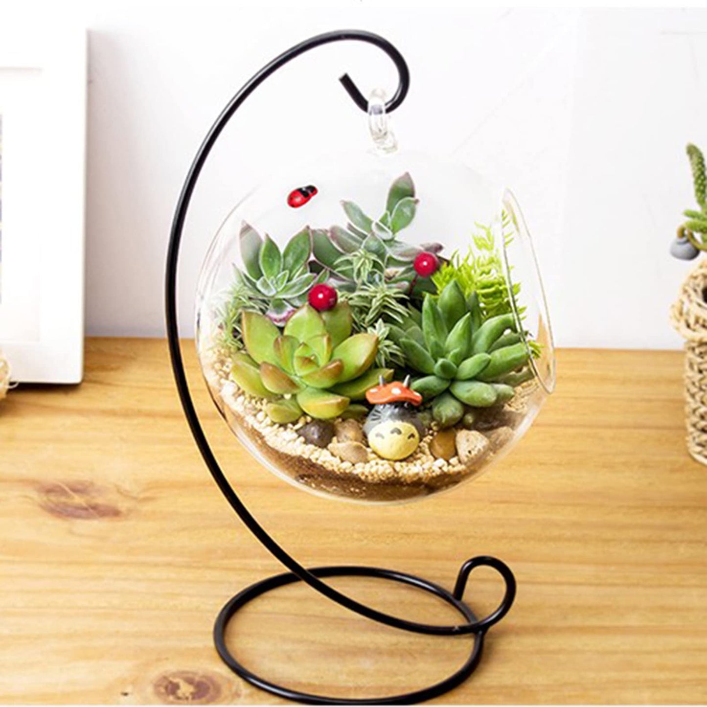 Hanging Glass Terrarium with Iron Stand, 4.7 Inch Ball Shape Planter for Succulents & Air Plants, Borosilicate Glass Planter for Indoor Plants, Hanging Terrarium Bowl for Home Desk Office Decor