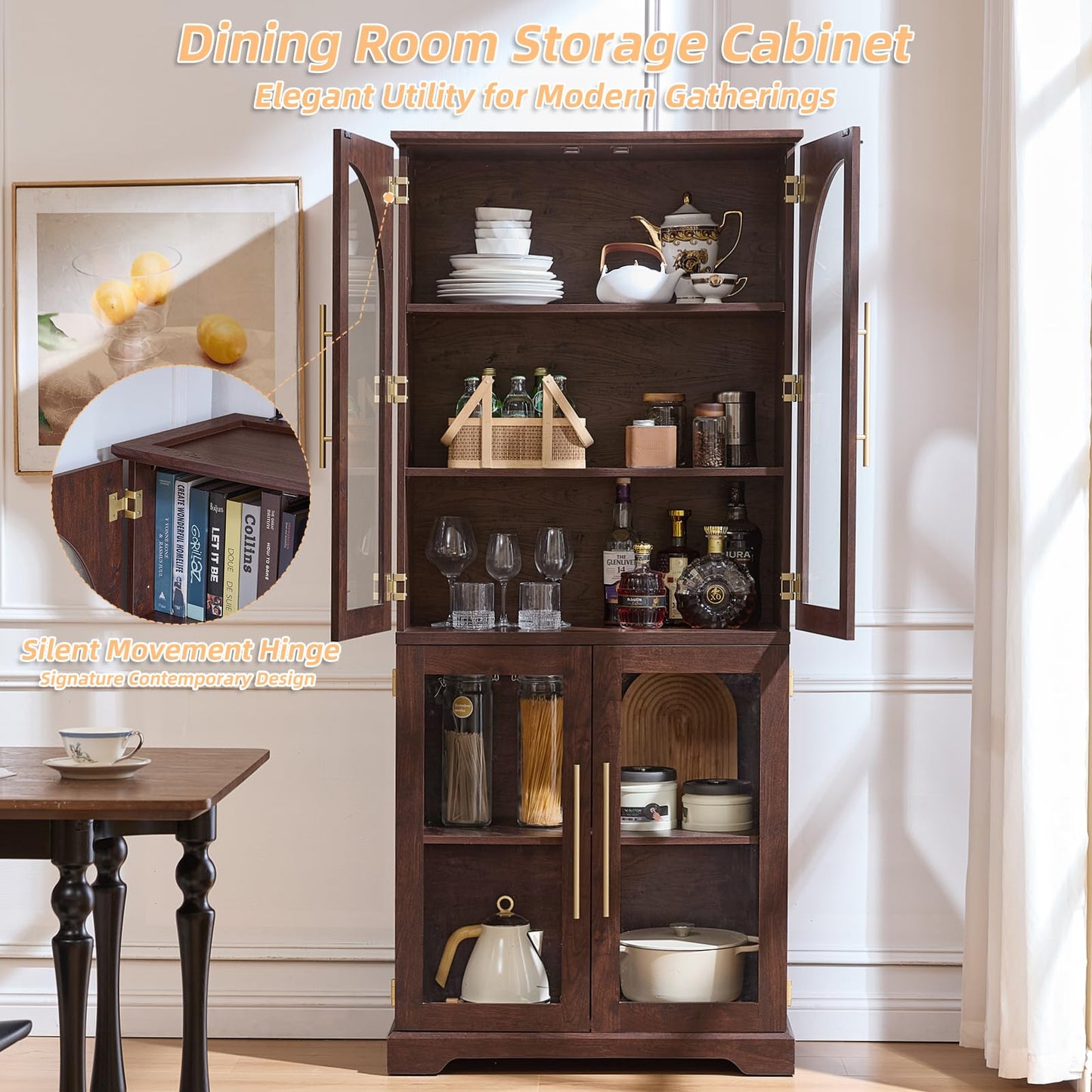 Joaxswe 72" Tall Bookshelf with 4 Curved Glass Doors, Farmhouse Bookcase with 3-Tier Adjustable Shelves, Modern Living Room Display Cabinet, Large Storage Cabinet for Home Office,Dining Room, Walnut