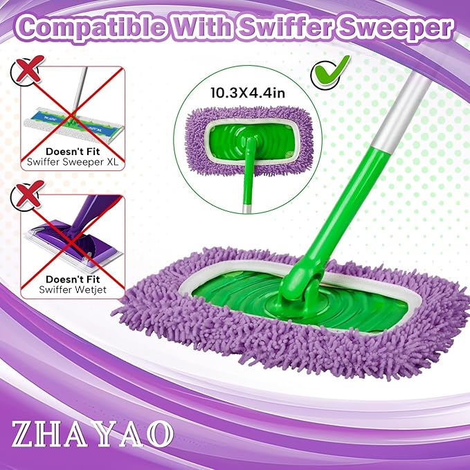 6Pcs Reusable Microfiber Mop Pads Compatible with Swiffer Sweeper Mop, Wet and Dry Flat mop Cover, Replacement Sweeping Mopping pad Refills for Surface/Hardwood Floor Cleaning