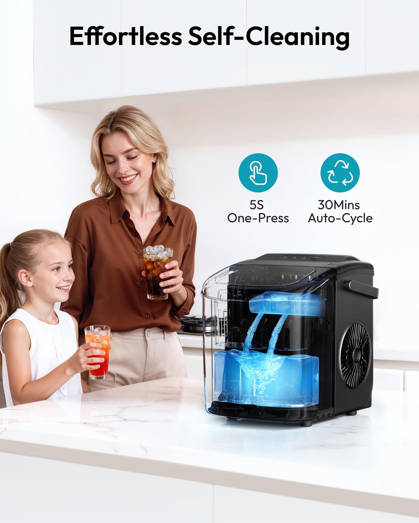 EUHOMY Countertop Ice Maker Machine with Handle, 26lbs in 24Hrs, 9 Ice Cubes Ready in 6 Mins, Auto-Cleaning Portable Ice Maker with Basket and Scoop, for Home/Kitchen/Camping/RV. (Black)