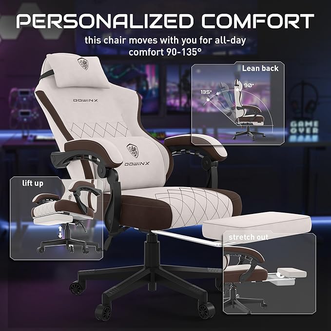 Dowinx Gaming Chair, Fabric Gaming Chairs for Adults with Pocket Spring Cushions and Lumbar Support, Ergonomic Massage Computer Chair with Footrest for Big and Tall, Brown