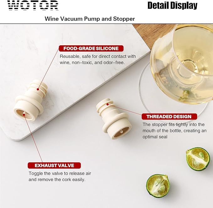 WOTOR Wine Stoppers Vacuum, Wine Saver, Wine Pump Vacuum Stoppers, Wine Preserver, Reusable Bottle Sealer Keeps Wine Fresh (Cream, 6 Pieces)