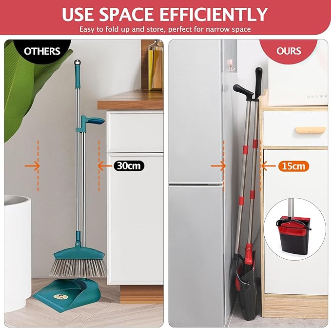 Broom and Dustpan Set with Long Handle, Light Weight Stainless Steel Poles Stand Upright Dustpans with Broom Combo for Home Kitchen Office Pet Dog Hair, Black & Red Color, 1-Pack