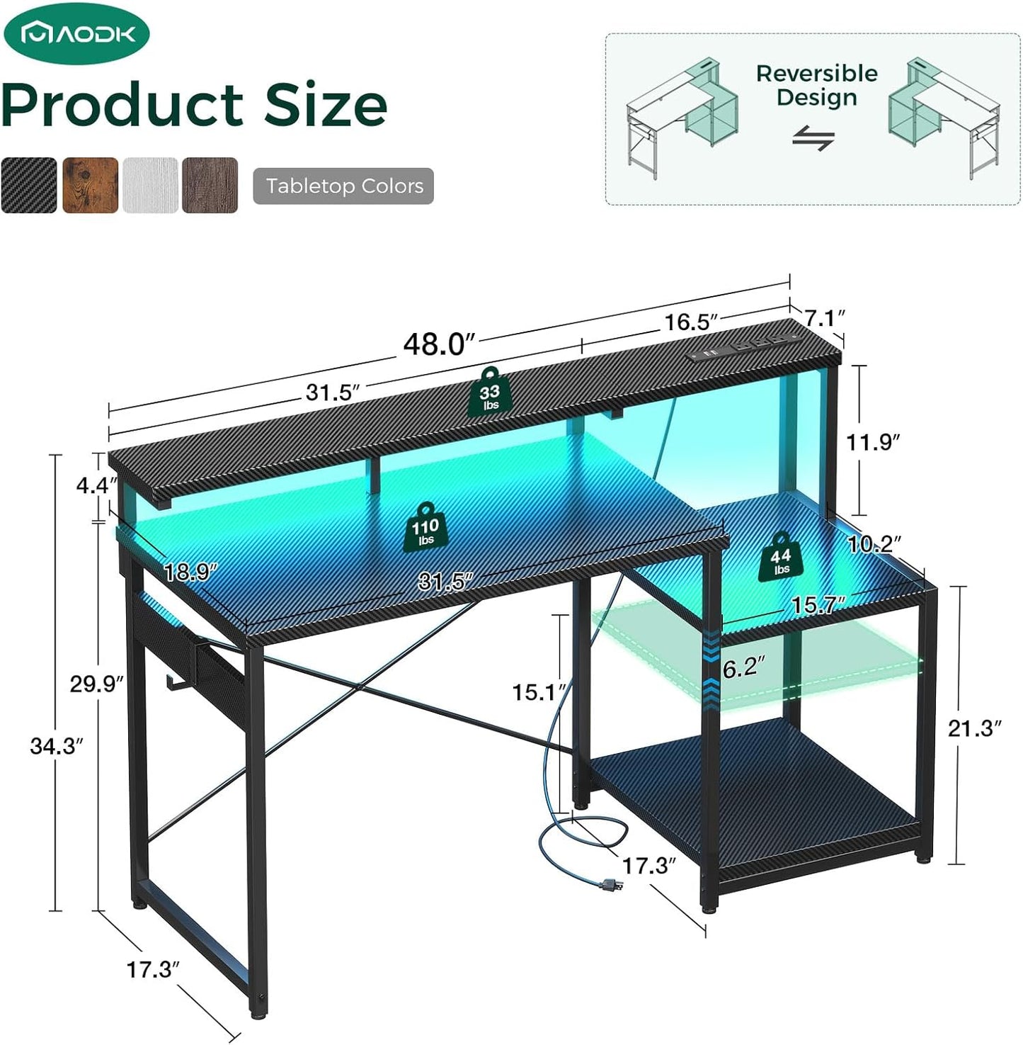 AODK Computer Desk, 48 Inch Gaming Desk with Led Lights & Power Outlet, Office Desk with Storage Shelves, Reversible Desk with Monitor Shelf & Headphone Hook, Carbon Fiber Black