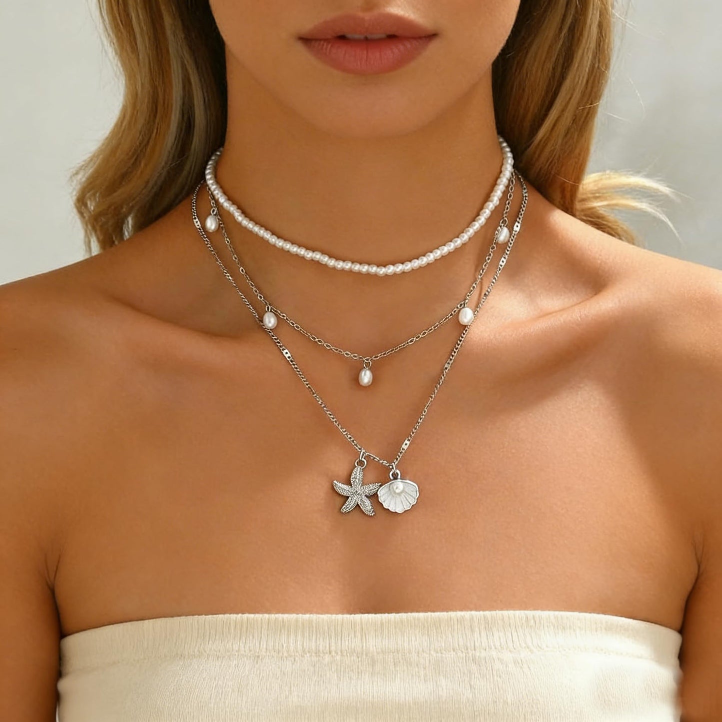 Starfish Necklace Gold Beach Jewelry for Women Pearl Seashell Necklace Cowrie Shell Beach Necklaces Ocean Summer Starfish Jewelry (6-3 layer silver)