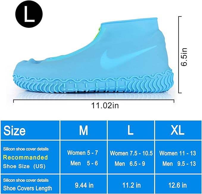 Silicone Waterproof Shoe Covers, Upgrade Reusable Overshoes with Zipper, Resistant Rain Boots Non-Slip Washable Protection for Women, Men (L (Women 7.5-10.5, Men 6.5-9), Blue)