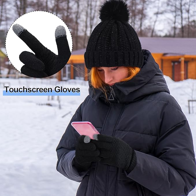 5 Pieces Women Winter Warm Set Knit Beanie Hat Scarf Touchscreen Gloves Earmuffs Stockings 5 in 1 Ski Outing Set for Gift