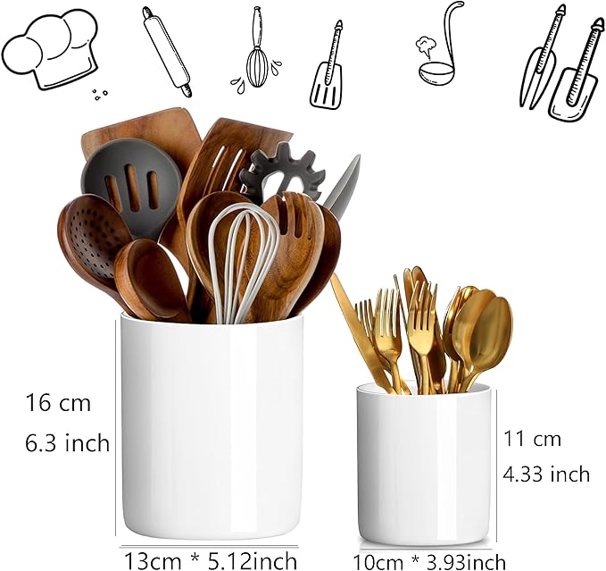 Utensil Holder, 6.3"+4.7" Ceramic Kitchen Utensil Holder for Countertop, Large Cooking Utensil Crocks for Kitchen Counter Decor, Morden Utensil Organizer for Spatula, Set of 2, White
