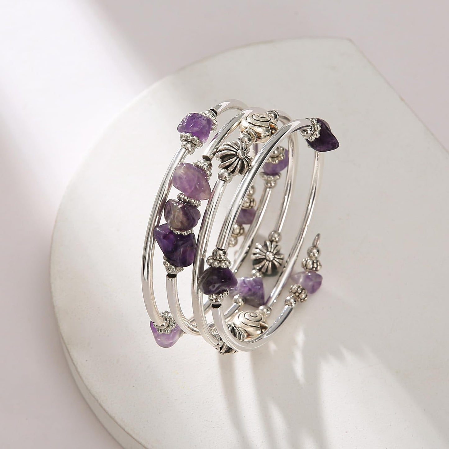 FULU AUTUMN Stone Silver Bangle Wrap Bracelet Boho Turquoise Crystal Chips Bead Bracelets Fashion Jewelry Birthday Gifts for Women(19-Purple)