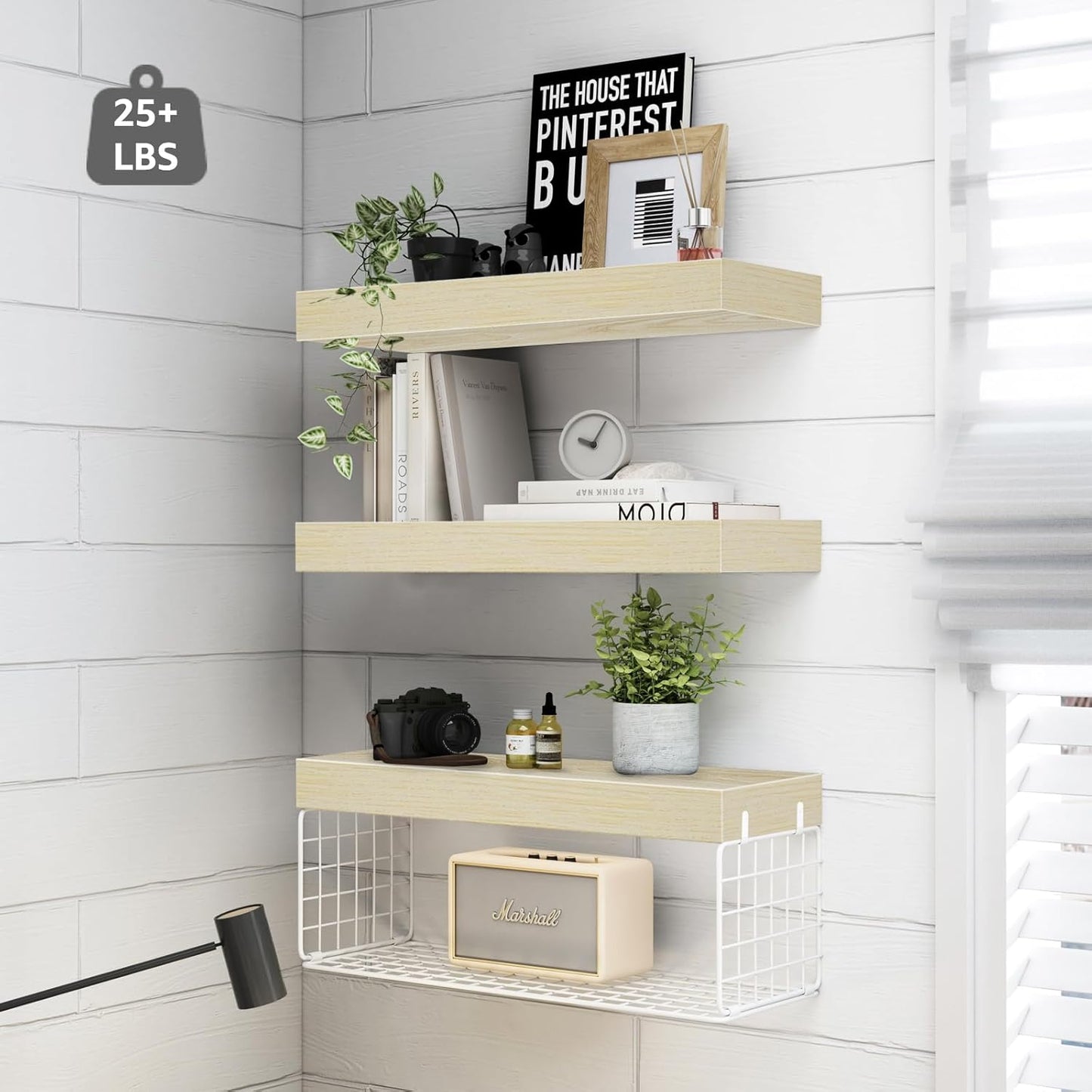 QEEIG Bathroom Shelves Over Toilet - Wall Mounted Floating Shelves Toilet Paper Storage Small Farmhouse Decor Shelf 16 inch Set of 3, Natural (019-BNW3)
