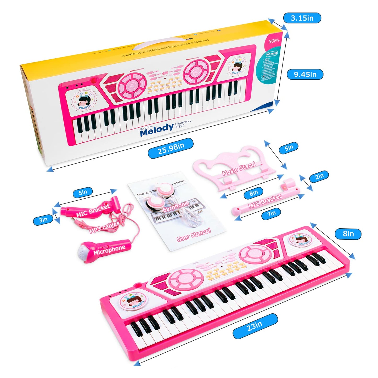 Love&Mini Kids Piano Keyboard - 49-Key Baby Piano with Earphones & Microphone, Educational Music Toy with Dual Speakers for Quiet Practice & Singing, Birthday Xmas Gift for 3-9 Year Old Girls