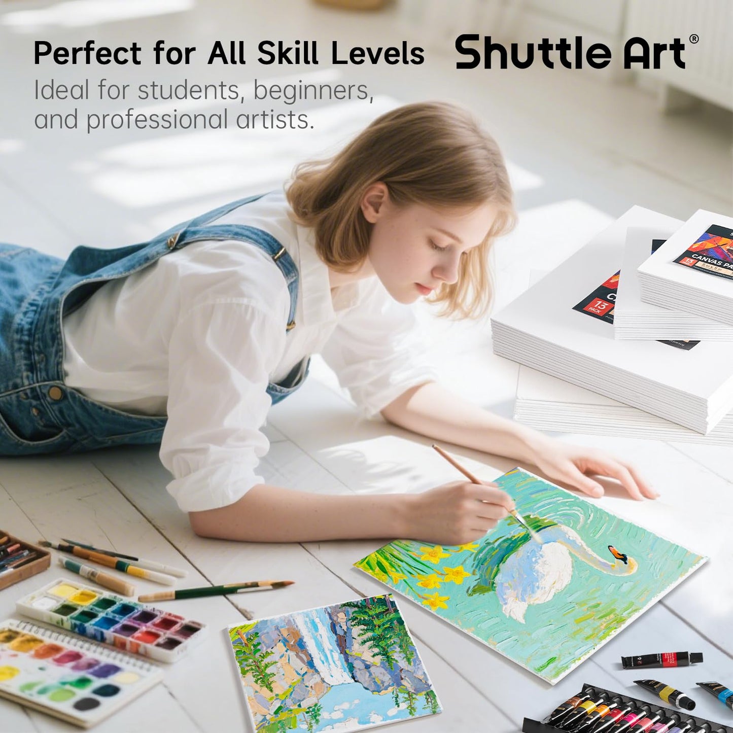 Shuttle Art 52 Pack Canvas for Painting, Multi-Size 5x5/6x6/8x8/10x10 Inch Blank Canvas Boards for Painting, 100% Cotton Primed White Art Canvas, Ideal Art Supplies for Kids Adults Acrylic OilPainting