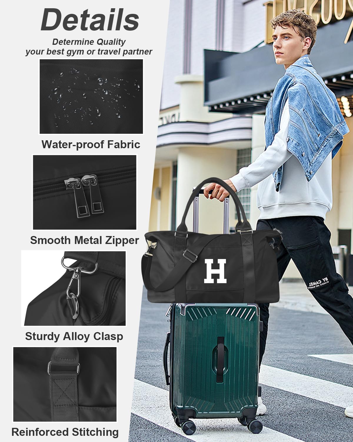 Initial Travel Duffel Bag Sports Gym Bag for Boys Teen Birthday Gifts,Black Personalized Weekender Bag Carry On Tote Bags for Men,Waterproof Overnight Luggage Bag Airplane Travel Essentials(Letter H)