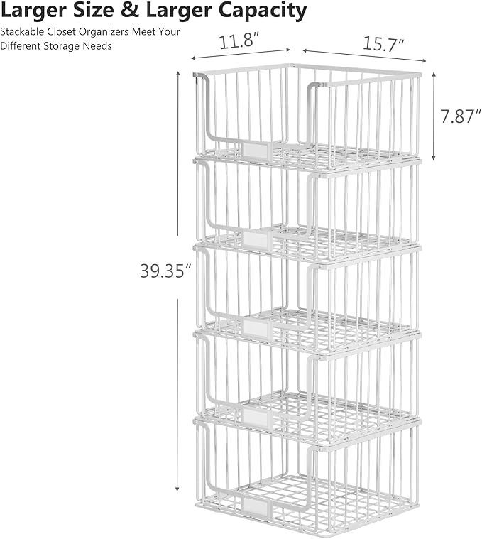 5-Tier Stackable Closet Organizers and Storage, Clothes Shelf Organizer, Foldable Wire Basket Bins, Sweater Storage for Closet and Pantry,11.8" D x 15.7" W, White