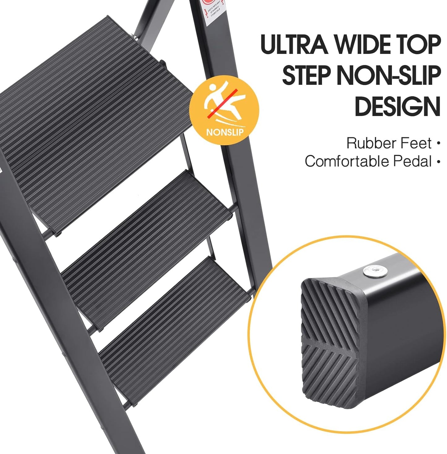 KINGRACK Aluminium 3 Step Ladder, Lightweight Step Stool with Non-Slip Pedals, Handrail, 330 LBS Foldable Step Ladder for Kitchen, Garage, Home, Space Saving, Sturdy and Portable, Black