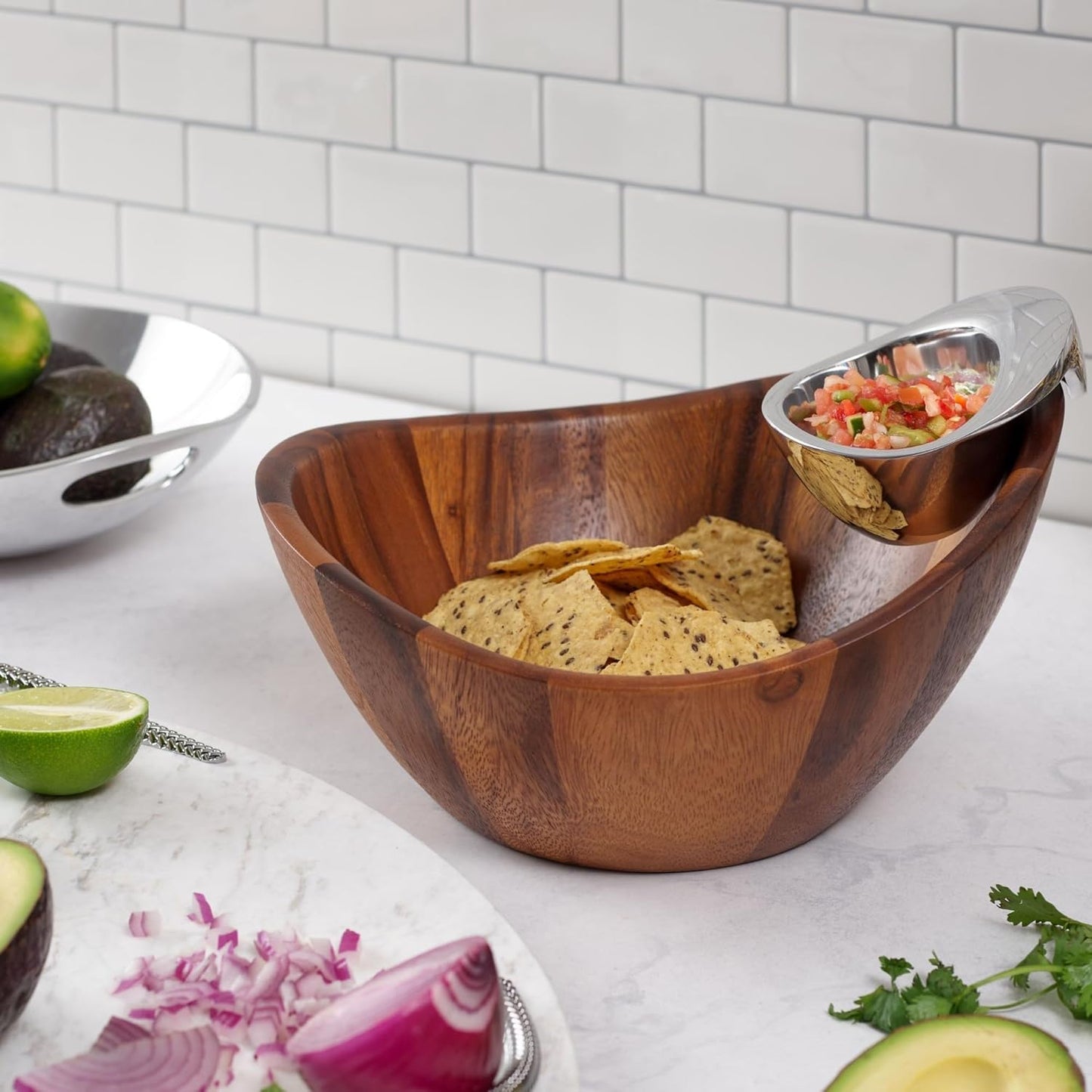 nambe Harmony Chip and Dip Server | Chips and Salsa Serving Dish | Salad Bar Serving Set for A Party | Chilled Dip Serving Bowl | Made of Acacia Wood and Metal Alloy