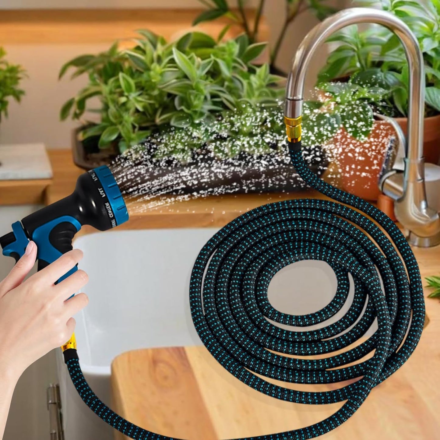 Lotoo Sink Hose Attachment for Faucet with 7 Adapters, 75 FT Indoor Faucet Hose for Kitchen Sink or Bathroom Sink Faucet with 10-Function Nozzle, Watering, Washing Pet, Household Cleaning, Car Washing