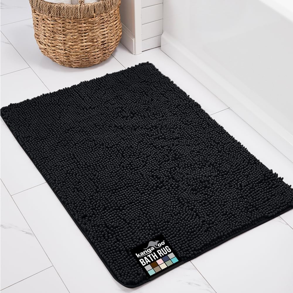 KANGAROO Bathroom Rugs, Chenille Soft Absorbent Bath Rug, Shaggy Shower Mat, Quick Dry Machine Wash Bathmat, Plush Carpet Mats for Tub, Bathtub and Room Home Decor Accessories, 36x24, Black