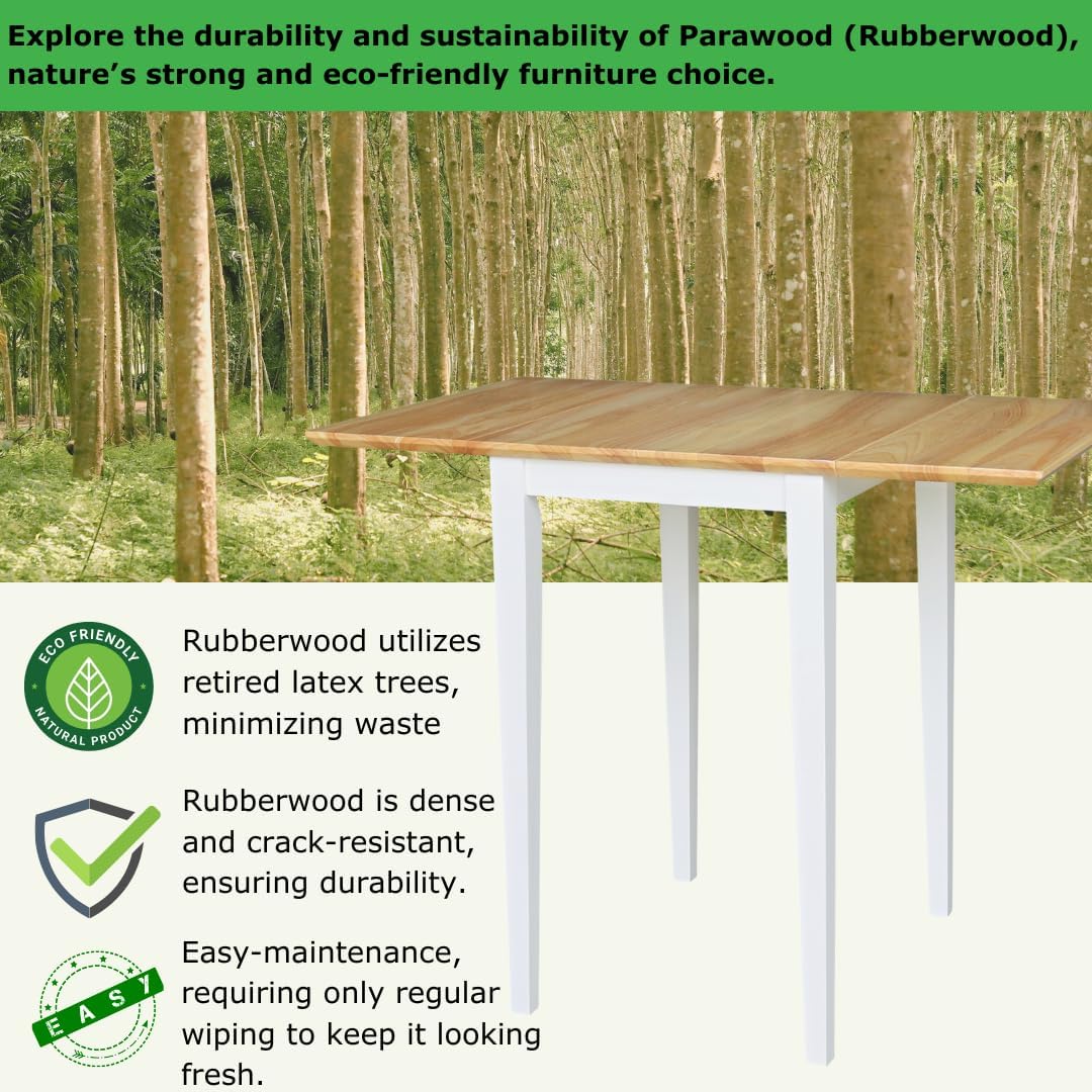 IC International Concepts, Solid Wood Small Drop Leaf Dining Table, Solid Real Wood, Sturdy Parawood, White/Natural