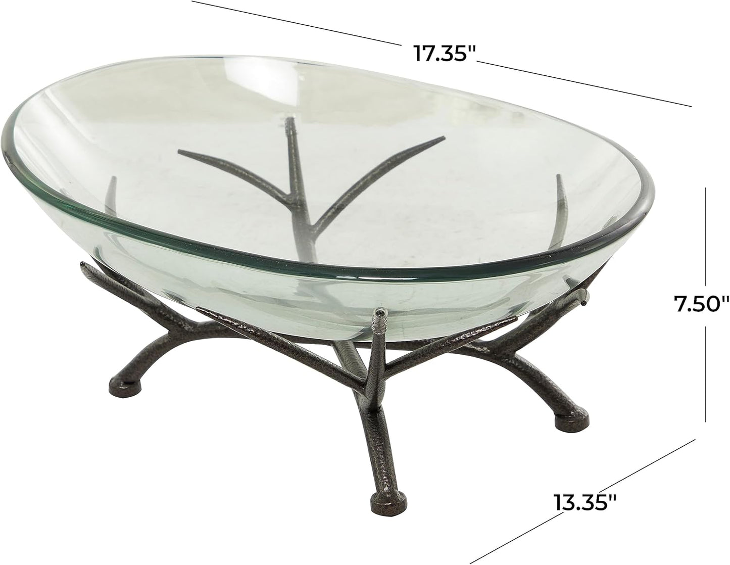 Deco 79 Glass Kitchen Serving Bowl with Black Metal Branch Stand, 17" x 13" x 8", Clear