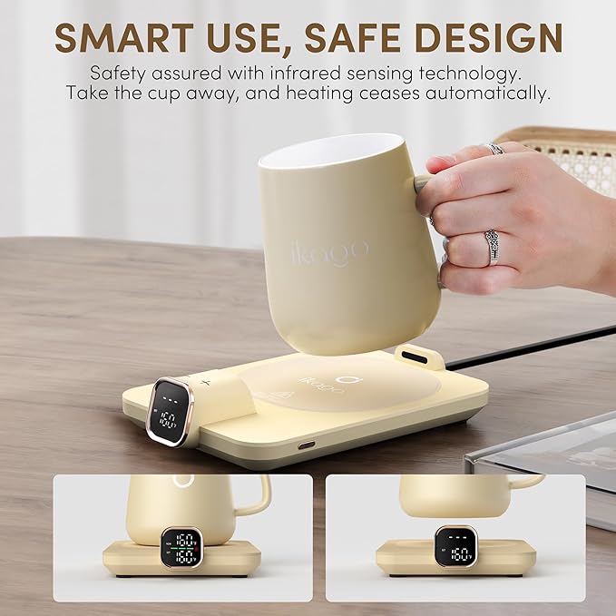 Coffee Mug Warmer Set, ±1°F Precision Temperature Control Smart Heated Mug for Desk, Electric Coffee Warmer with Auto Shut Off & Real-Time Temp Display, Gifts for Men Women, 15oz Ceramic Mug, Beige