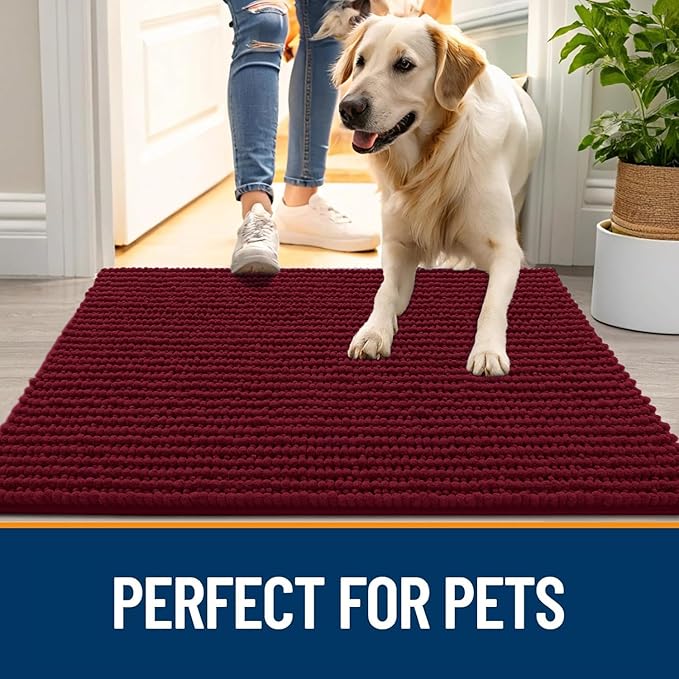 OLANLY Dog Door Mat for Muddy Paws 59x35, Ultra Absorbent Chenille Mud Doormat, Non-Slip Washable and Dirt Trapping Doormat for Indoor Entryway, Quick-Dry Indoor Pet Bed Mats for Dogs, Burgundy