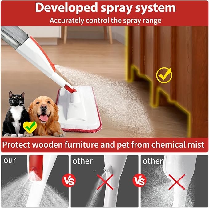 Spray Mops for Floor Cleaning Floor Mop with a Refillable Spray Bottle and 3 Washable Microfiber Pads Home or Commercial Use Dry Wet Flat Mop for Hardwood Laminate Wood (RED)