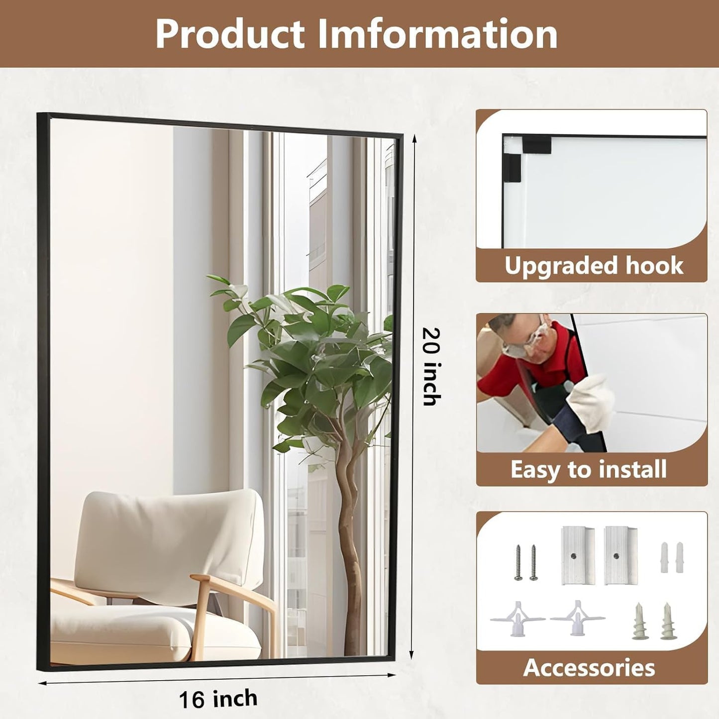 Black Bathroom Mirror, 16"x20" Rectangle Mirror, Matte Black Mirror, Metal Frame Square Corner Vanity Mirror, Wall Mounted Mirror for Modern, Living Room, Bedroom, Horizontal Or Vertical