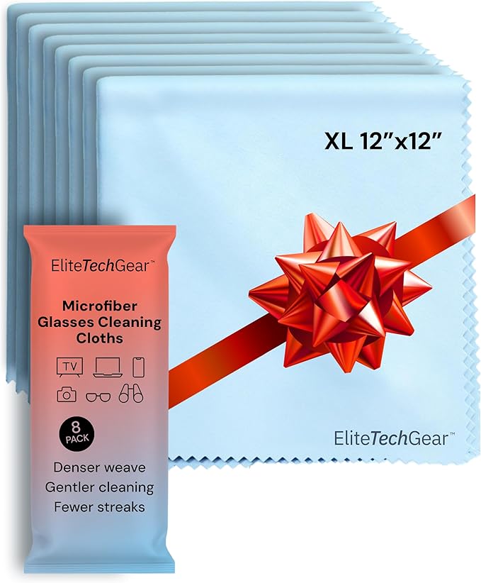 Elite Screens Microfiber Cleaning Cloth - 12" x 12", Blue, 8-Pack - Oversized for Lens Coverage & Glasses Wipes - Scratch-Free Electronic Cleaning Cloth for Screens