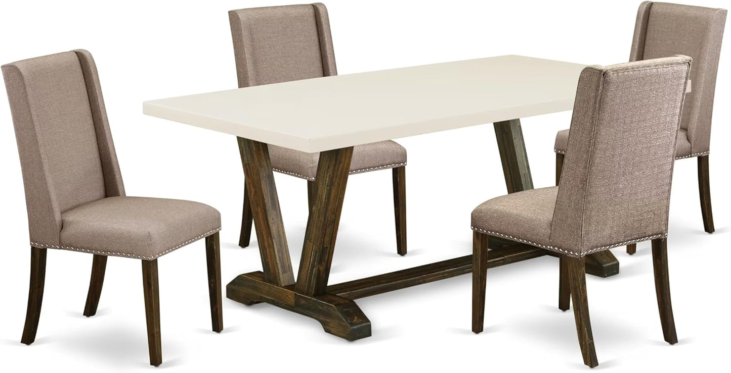 East West Furniture V727FL716-5 5 Piece Dining Room Furniture Set Includes a Rectangle Dining Table with V-Legs and 4 Dark Khaki Linen Fabric Upholstered Chairs, 40x72 Inch, Multi-Color