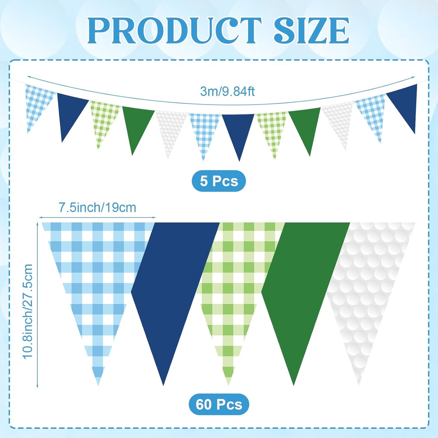 Pasimy 49.21 ft 60 Pieces Golf Party Pennant Banner Flags Decor Gingham String Triangle Flags for Birthday Baby Shower Golf Camp Bachelorette BBQ Party Decorations Supplies