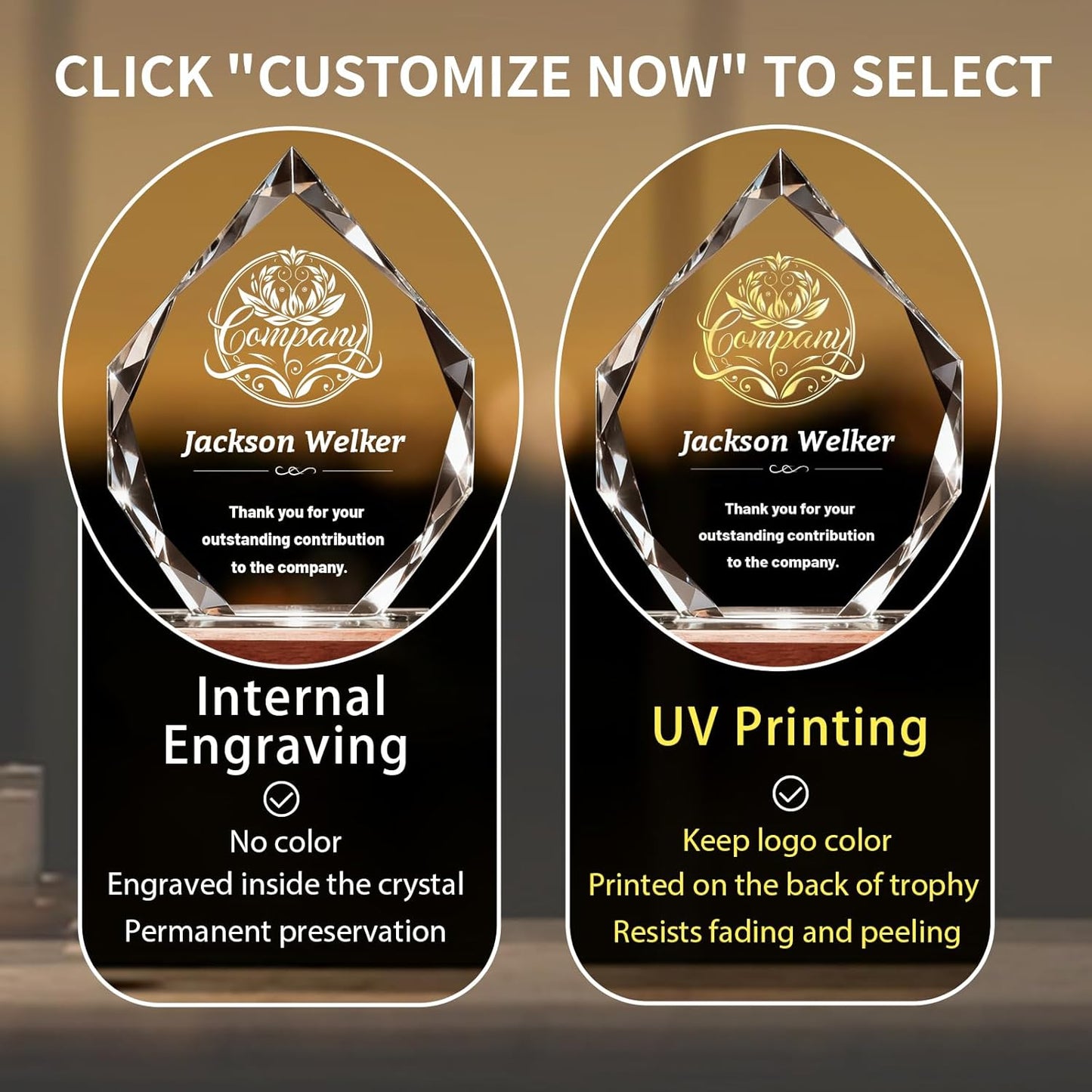 Custom Crystal Trophy Award with Wood Base, Custom Plaque Personalized Engraved with LOGO Text, Employee Appreciation Gift, Retirement Gift for Employee Coworker, Sports Recognition Trophies