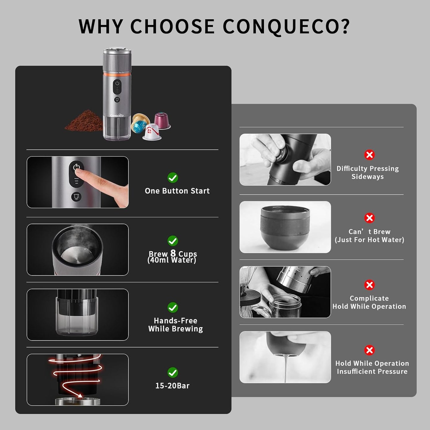CONQUECO Portable Espresso Coffee Machine: 12V Electric Small Travel Expresso Maker - Self Heating 8 Cups Battery Powered Compatible for Nespresso Capsule - for Camping RV Hiking Office (Smoke Blue)