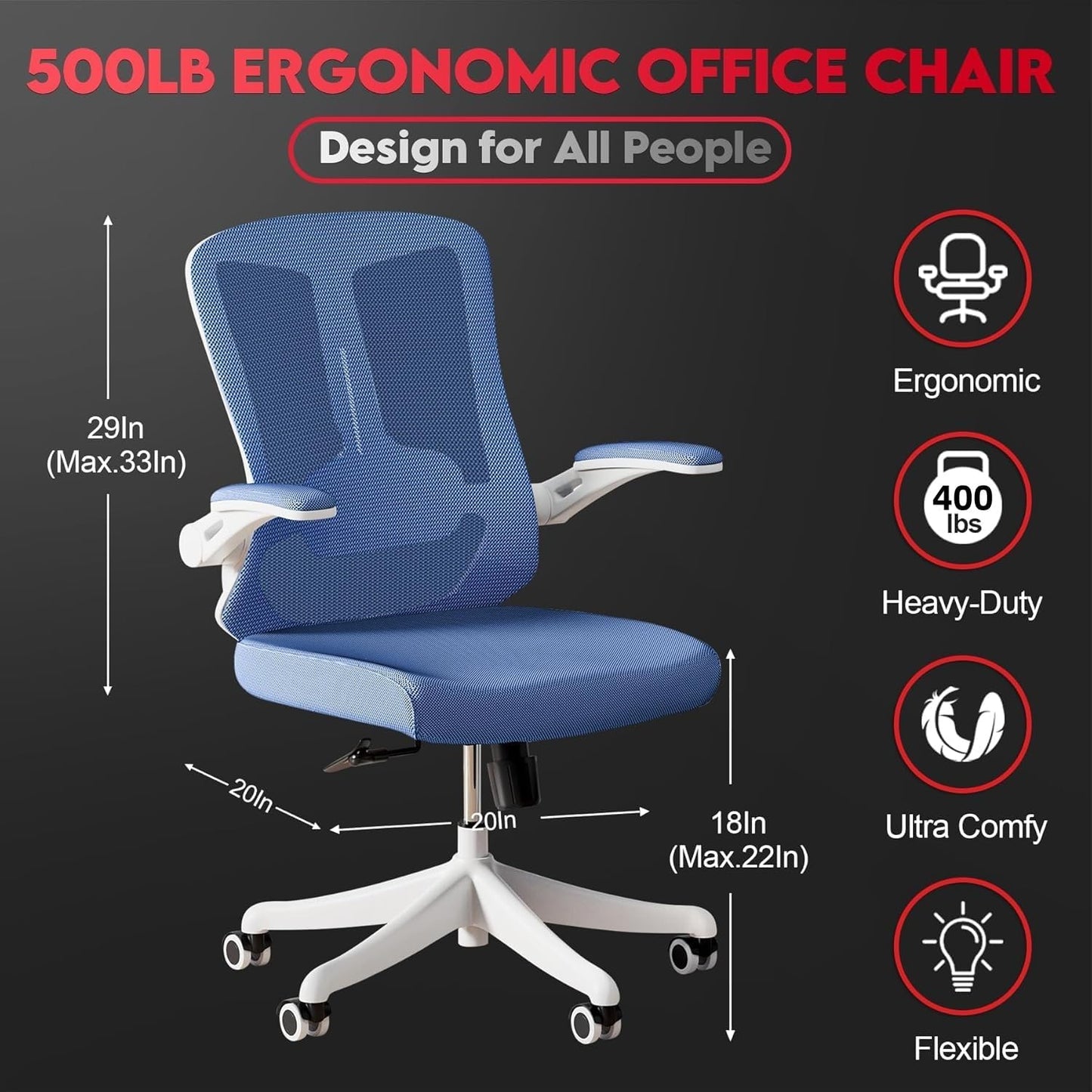 Ergonomic Office Chair - Comfy Desk Chairs with Wheels and Arms, 400LB Heavy Duty Mesh Computer Chairs with Comfortable Lumbar Back Support for Home Office, Bedroom, Study and College Dorm