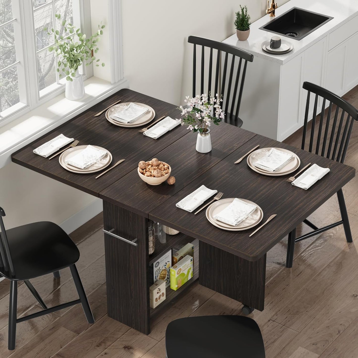 IDEALHOUSE Folding Dining Table, Drop Leaf Dining Table with 6 Wheels and 2-Layer Storage Shelf, Space Saving Dining Table for Small Spaces (Dark Walnut, 47.2" D x 23.6" W x 29.5" H)