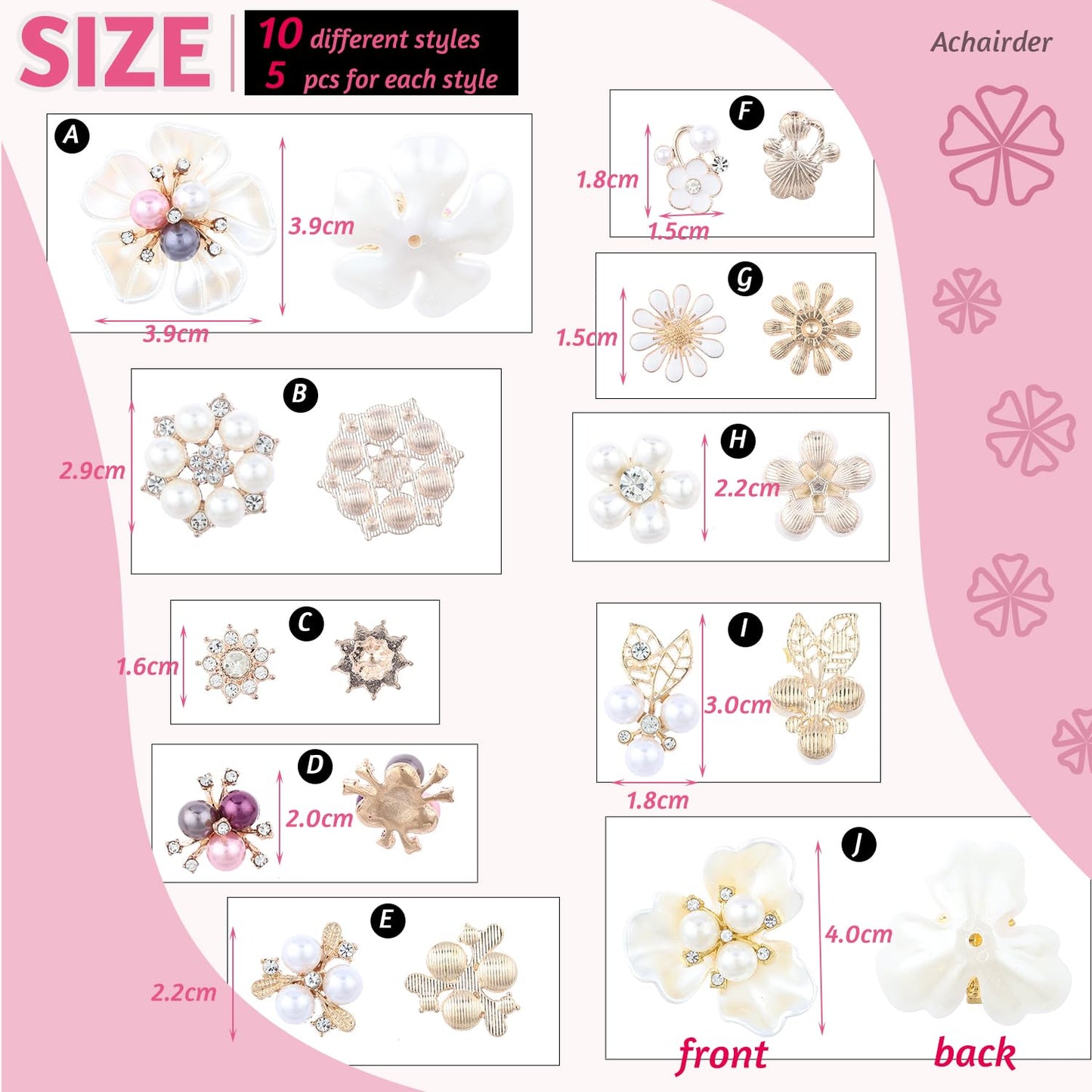 50PCS Rhinestone Buttons Faux Pearl Embellishments Buttons,Flat Back Flower Rhinestone Charms for Jewelry Making DIY Wedding Bouquet, Decor Clothes Bag Shoes Craft Accessory