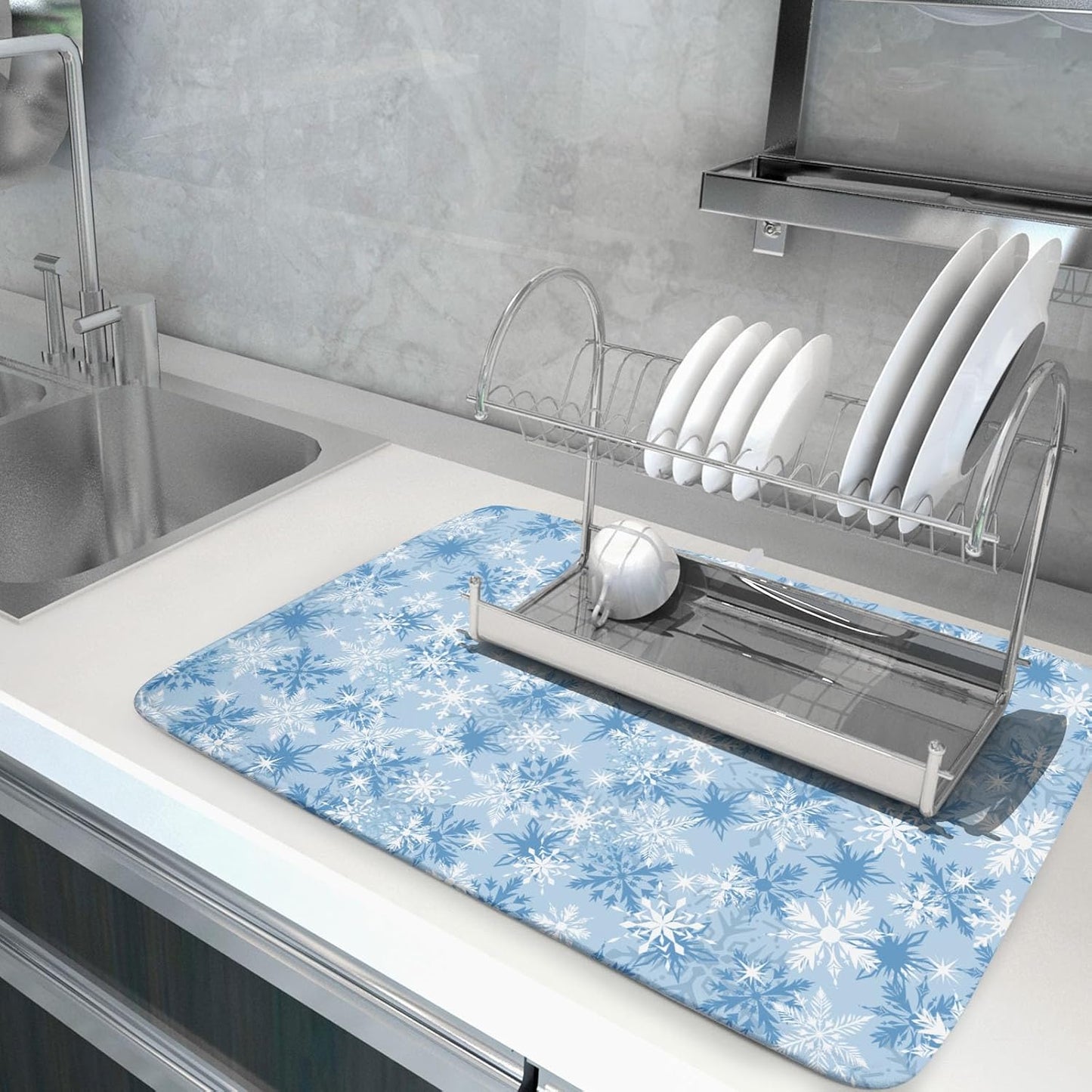 Winter Snowflake Dish Drying Mat for Kitchen Counter Blue White Christmas Snowflake Drying Mat 18x24 Inch Xmas Holiday Absorbent Dish Drainer Mat Christmas Kitchen Accessories