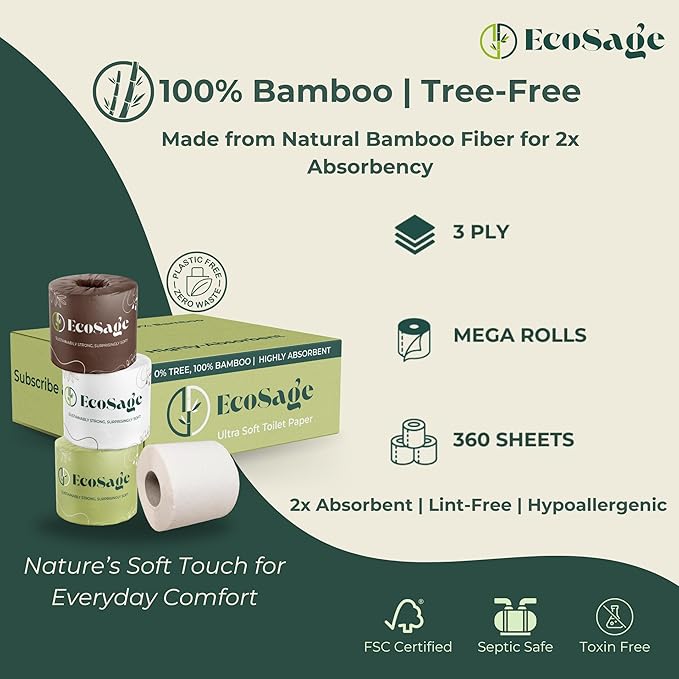 100% Bamboo Toilet Paper - 3 Ply 24 Mega Rolls (Equivalent to 40 Regular Rolls) | Highly Absorbent, Hypoallergenic, FSC-Certified | Eco-friendly,Sustainable, 360 Sheets per Roll, Eco-Conscious Choice