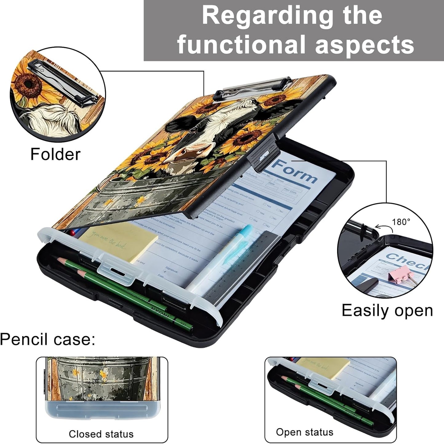 Clipboard with Storage - Large Capacity,Nursing Clipboard with Pen Holder,Heavy Duty,Plastic Side-Opening Folder for Teacher,Nurse - Cow Sunflower