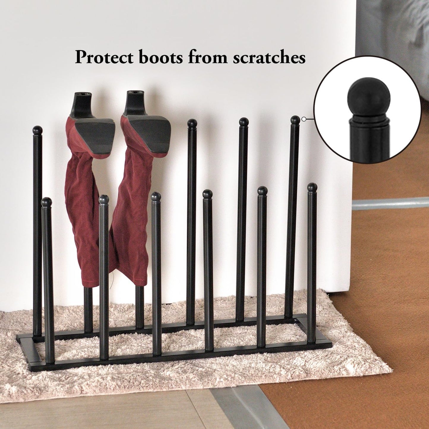 MyGift Modern Black Metal Boot Rack for Tall Boots Storage, Free Standing Entryway Shoe Rack Walk-In-Closet Boot Organizer with 12 Long Posts, Holds 6 Pair