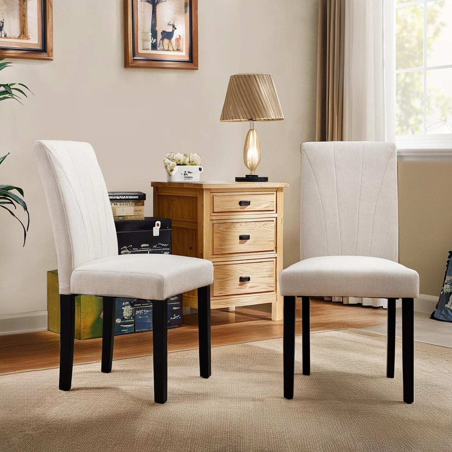 VECELO Upholstered Dining Chairs Set of 6, Modern Fabric and Solid Wood Legs & High Back, Parsons for Kitchen/Living Room- Beige